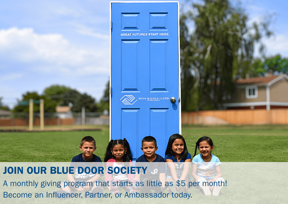 Five young Club members sit on the grass in front of a blue door painted with Great Futures Start Here